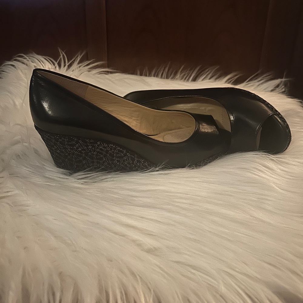 Alex Marie Black Peep-Toe Wedges